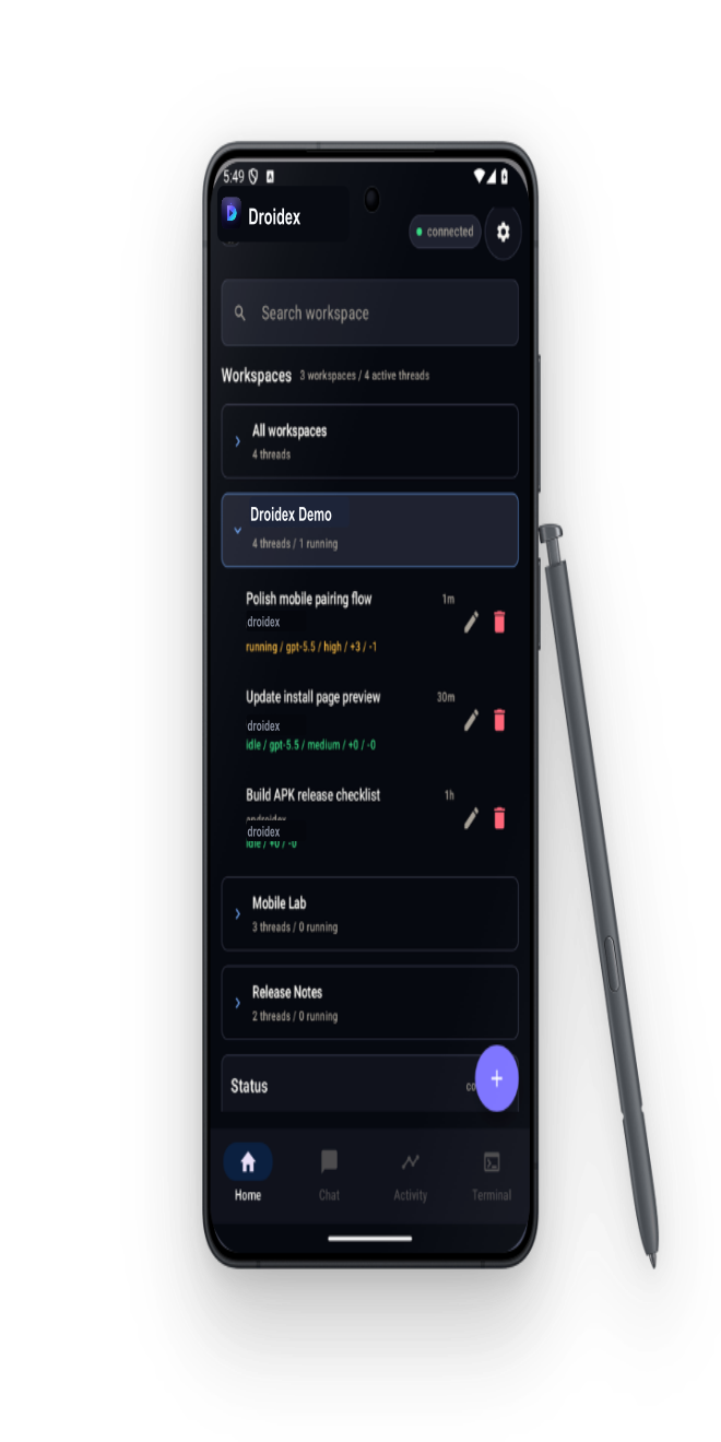 Droidex app running on a Samsung Galaxy S26 Ultra, showing live workspace and threads.